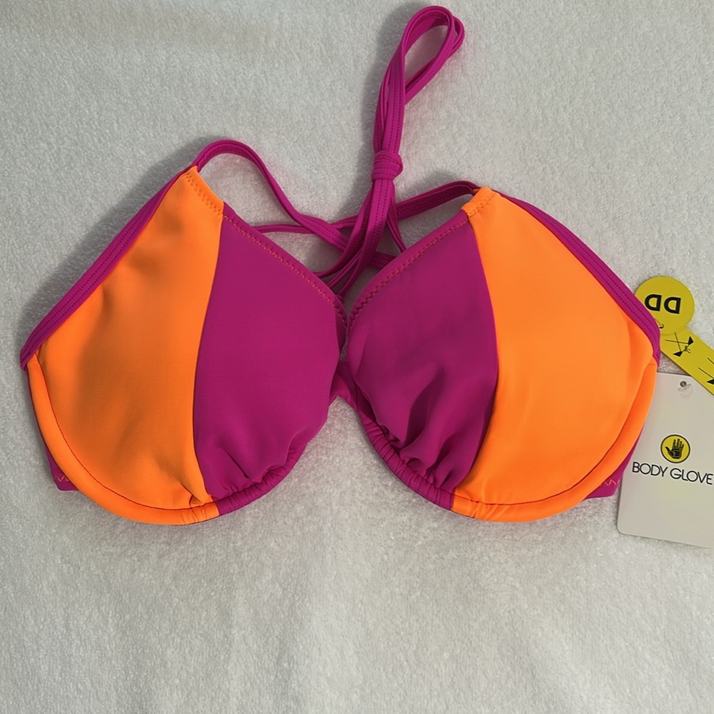 Body Glove DD Top Bikini 80s Throwback Solo Bikini Top Flamingo Pink Orange NWT - Picture 2 of 11